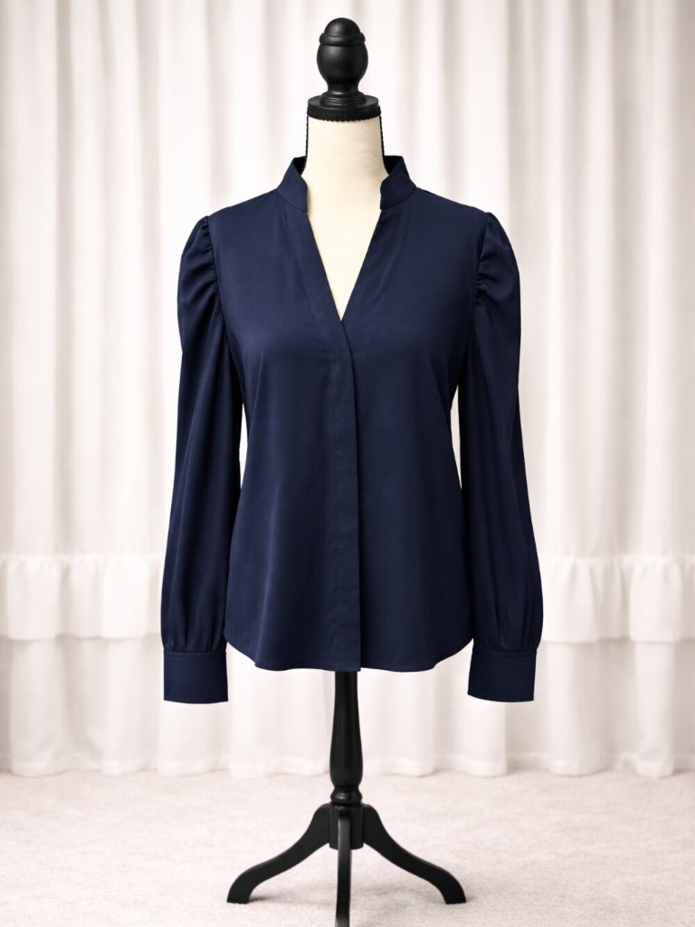 WHBM Navy Button Down Blouse | Pleated Sleeve | Work Top | Size 10